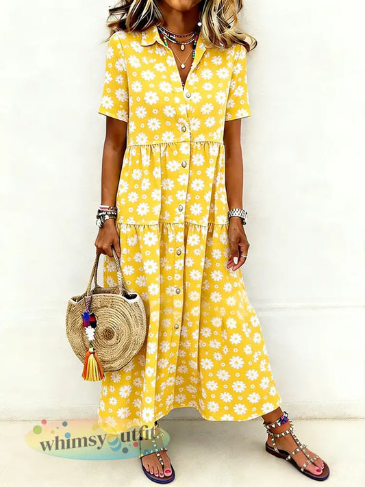 Casual jurk met elegante bloemenprint en korte mouwen - Geel / S