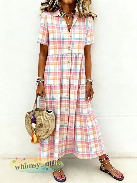 Casual jurk met elegante geruite print en korte mouwen - Roze / S