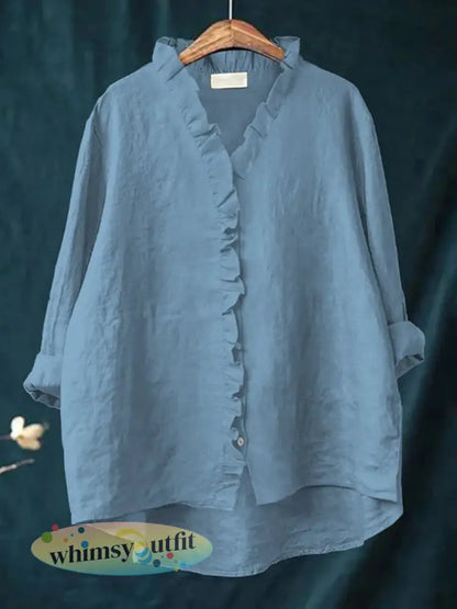 Casual katoenen en linnen damesshirt met ruches - Blauw / S