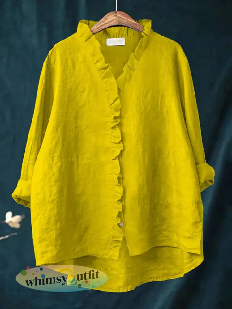 Casual katoenen en linnen damesshirt met ruches - Geel / S