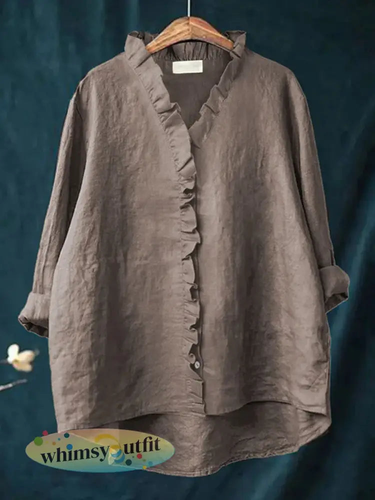 Casual katoenen en linnen damesshirt met ruches - Koffie / S