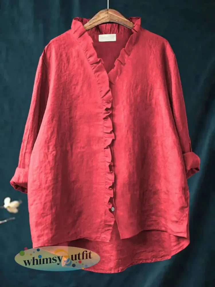 Casual katoenen en linnen damesshirt met ruches - rood / S
