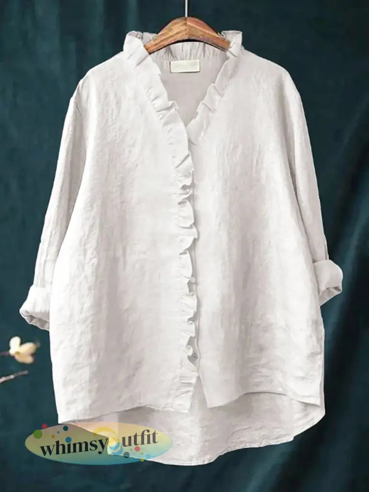 Casual katoenen en linnen damesshirt met ruches - Wit / S