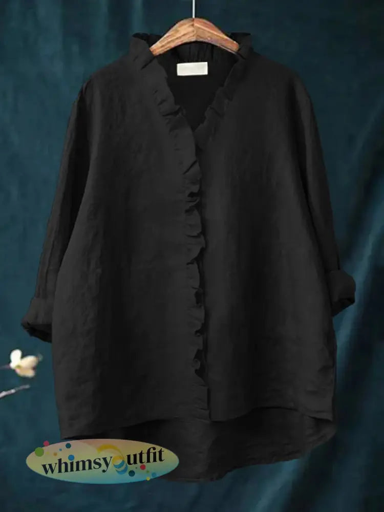 Casual katoenen en linnen damesshirt met ruches - zwart / S