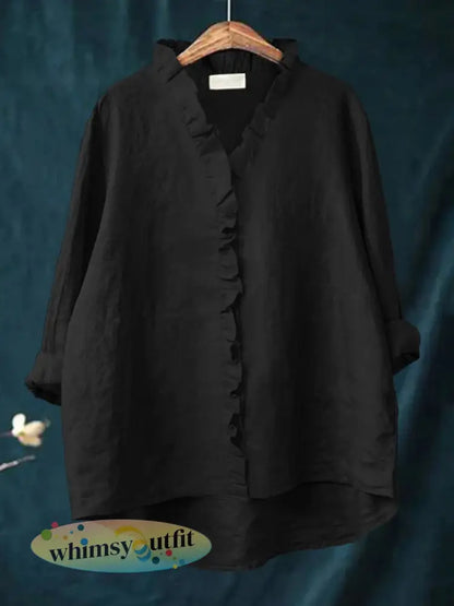 Casual katoenen en linnen damesshirt met ruches - zwart / S