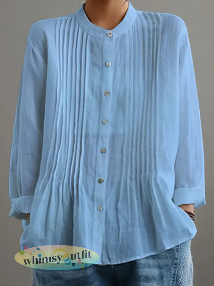 Casual katoenen en linnen geplooid overhemd voor dames - Blauw / S