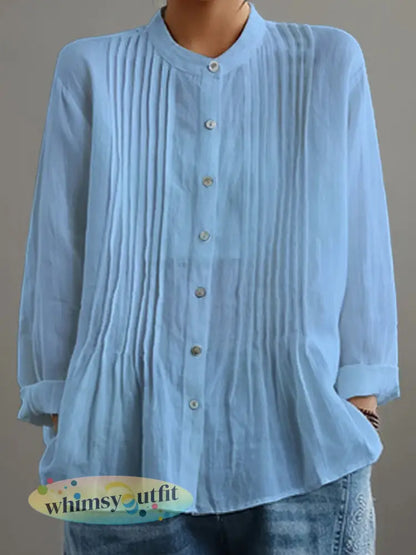Casual katoenen en linnen geplooid overhemd voor dames - Blauw / S