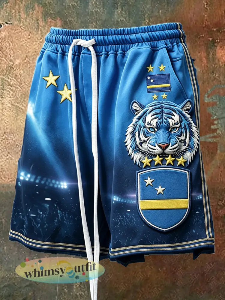 Casual korte broek voor heren met Curaçaose vlag tijgerprint in verloop en trekkoord - Blauw / S
