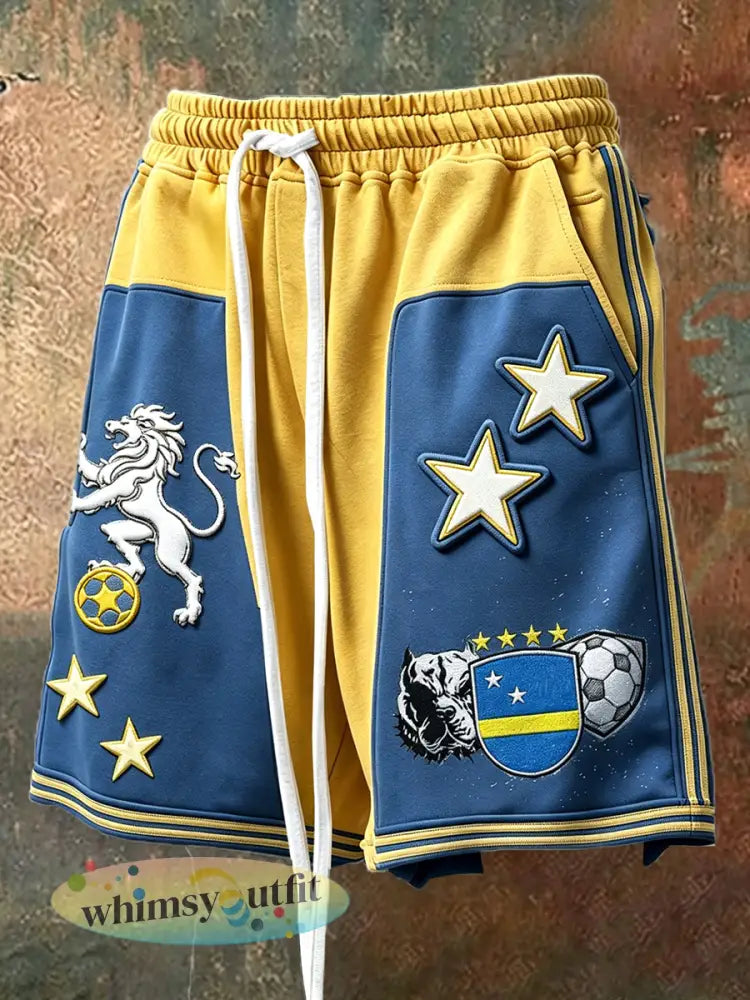 Casual korte broek voor heren met voetbalpatroon en patchworkprint voorzien van een trekkoord - Veelkleurig / S