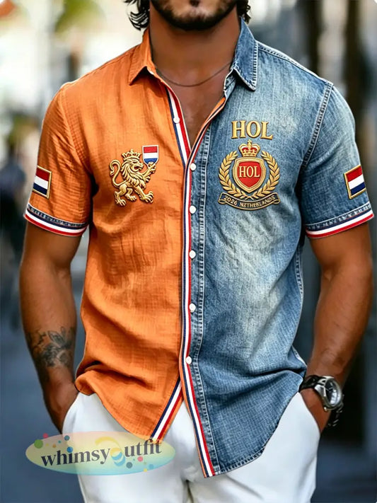 Casual korte mouwen-shirt voor heren met patchworkprint en voetbalthema - Veelkleurig / S