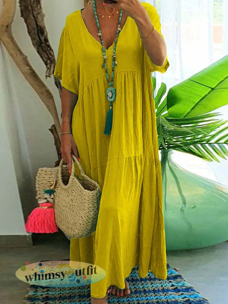 Casual lospassende jurk met V-hals voor dames - Geel / S