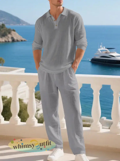 Casual losse poloshirt met lange mouwen en lange broek tweedelige set voor heren - Grijs / S