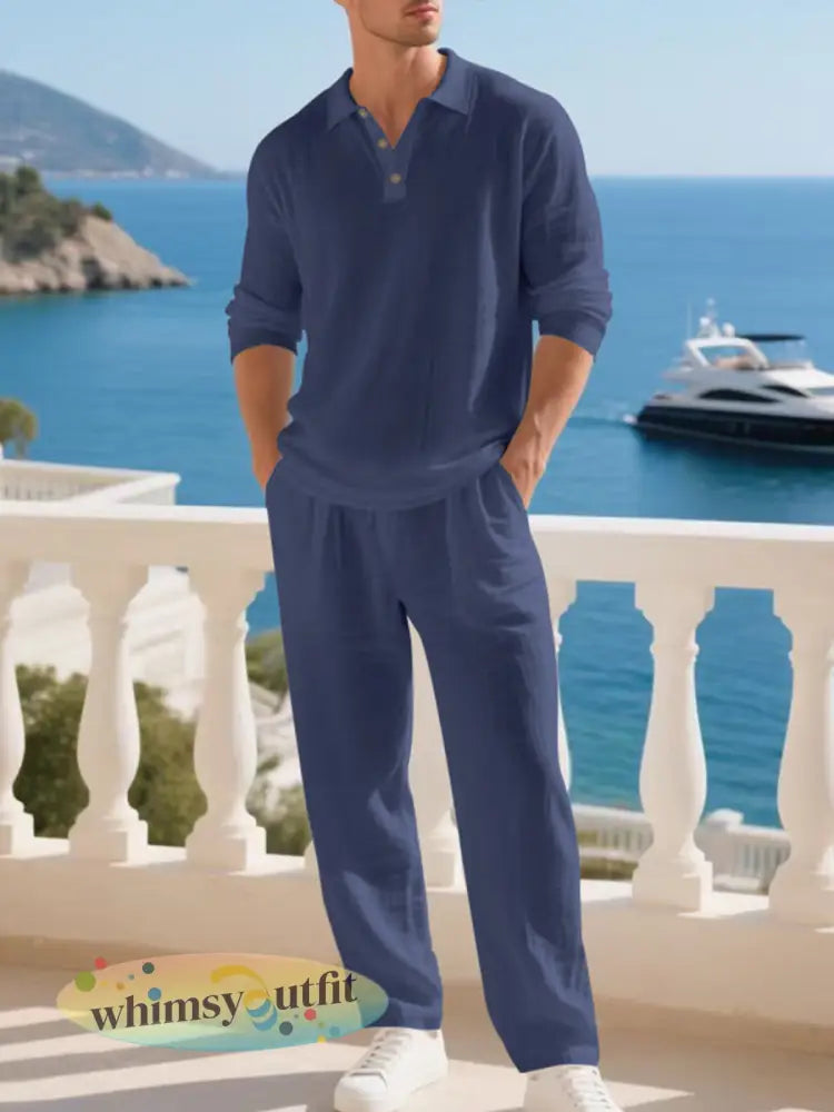 Casual losse poloshirt met lange mouwen en lange broek tweedelige set voor heren - Marineblauw / S