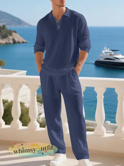Casual losse poloshirt met lange mouwen en lange broek tweedelige set voor heren - Marineblauw / S