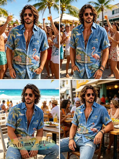 Casual overhemd voor heren met korte mouwen en een print met eilandvakantie-thema
