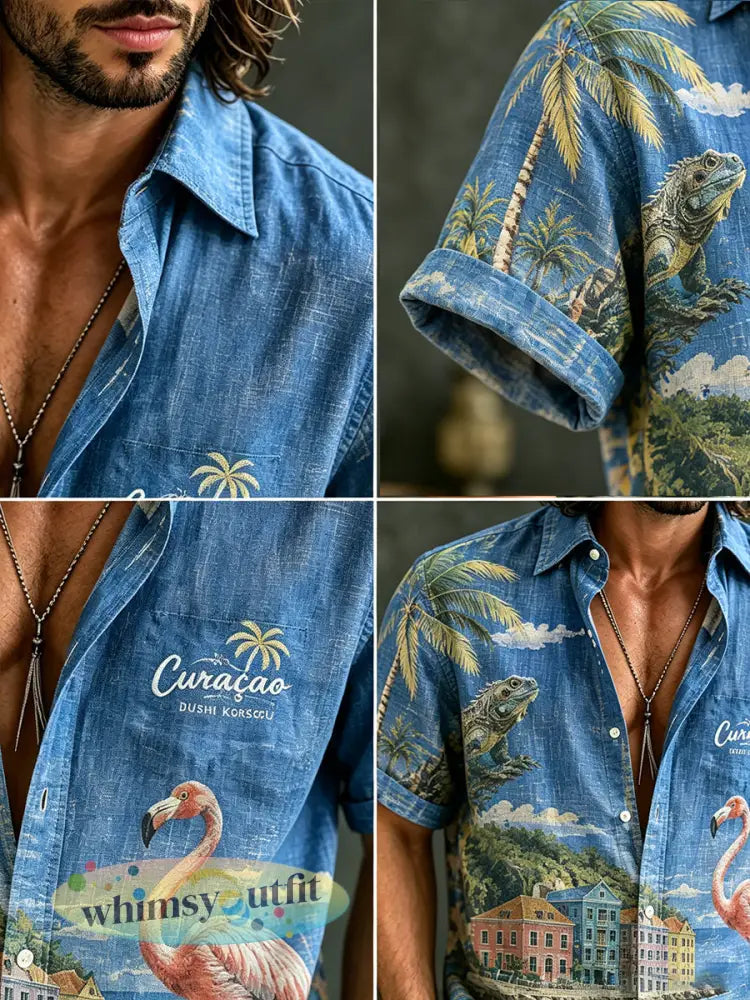 Casual overhemd voor heren met korte mouwen en een print met eilandvakantie-thema