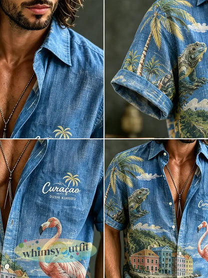 Casual overhemd voor heren met korte mouwen en een print met eilandvakantie-thema
