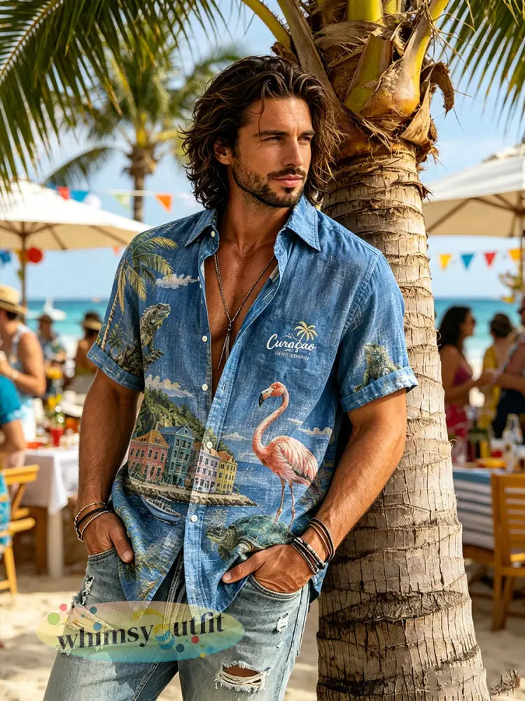 Casual overhemd voor heren met korte mouwen en een print met eilandvakantie-thema