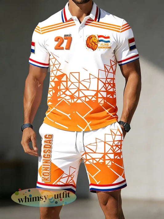 Casual poloshirt en korte broek voor heren - Oranje wit / S