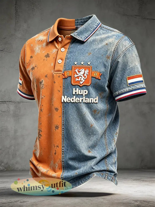Casual poloshirt met denim patchwork-opdruk voor heren Nederlands voetbalthema - Veelkleurig / S