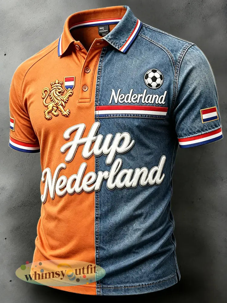 Casual poloshirt met schuin aflopende schouders voor heren in Nederlandse voetbalstijl met patchworkprint - Veelkleurig