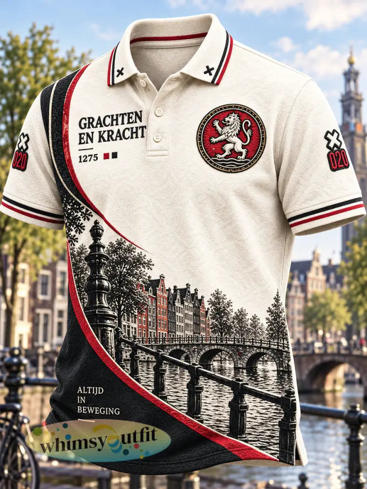 Casual poloshirt voor heren met Amsterdam-stadspatroon - Romig-Wit / S