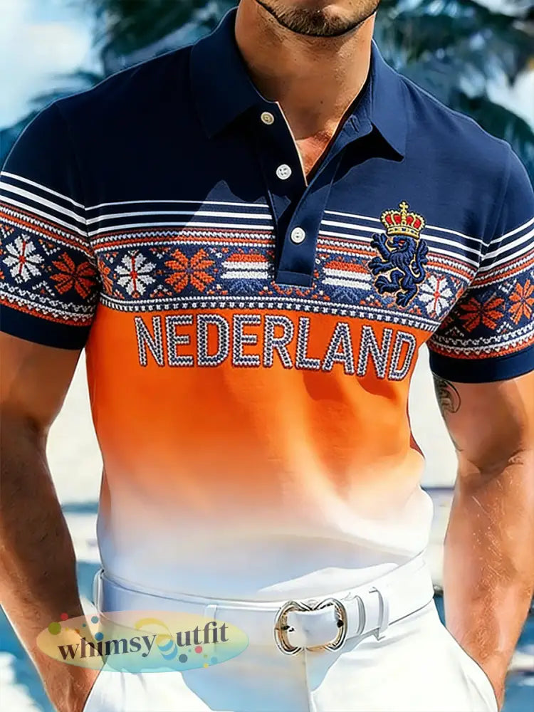 Casual poloshirt voor heren met etnische print met Koninginnedag-thema - A / S