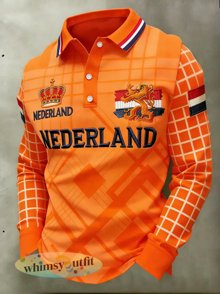 Casual poloshirt voor heren met lange mouwen en een print met Koninginnedag-thema - A / S