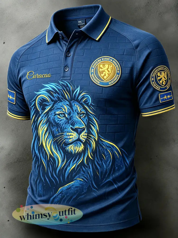 Casual poloshirt voor heren met leeuwenprint uit Curaçao - Diep Blauw / S