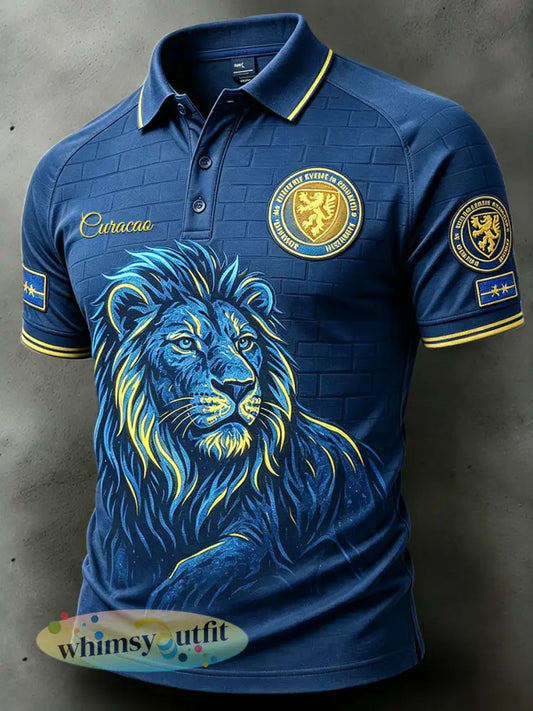 Casual poloshirt voor heren met leeuwenprint uit Curaçao - Diep Blauw / S