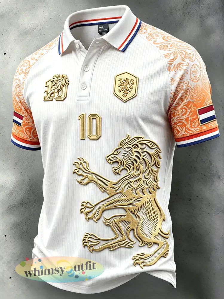 Casual poloshirt voor heren met Nederlandse leeuw voetbal- gradiënt- en patchworkprint - Wit / S