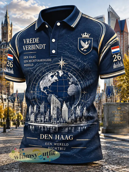 Casual poloshirt voor heren met Nederlandse stadsgezichtsprint van Den Haag - Diep Blauw / S