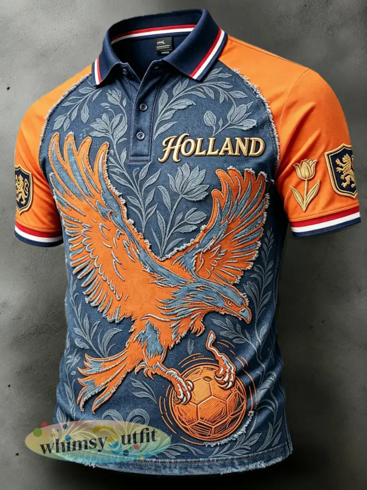 Casual poloshirt voor heren met patchworkprint en Nederlandse adelaarsmotief - Blauw / S