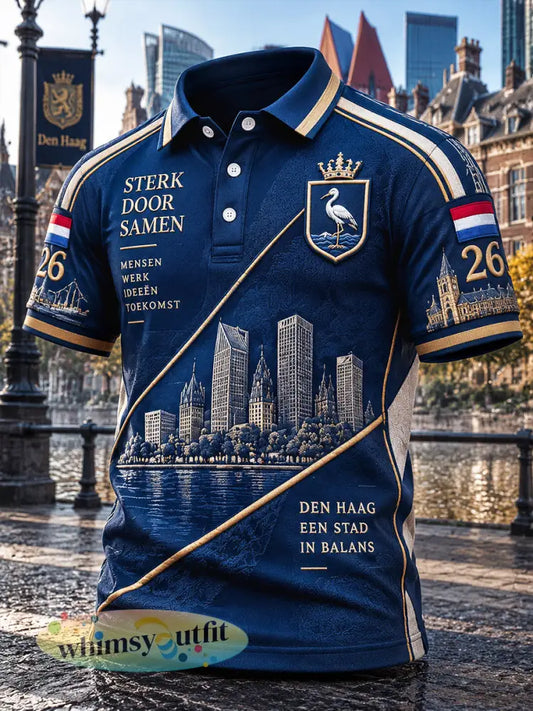 Casual poloshirt voor heren met patchworkprint van Den Haagse stadsarchitectuur - Diep Blauw / S