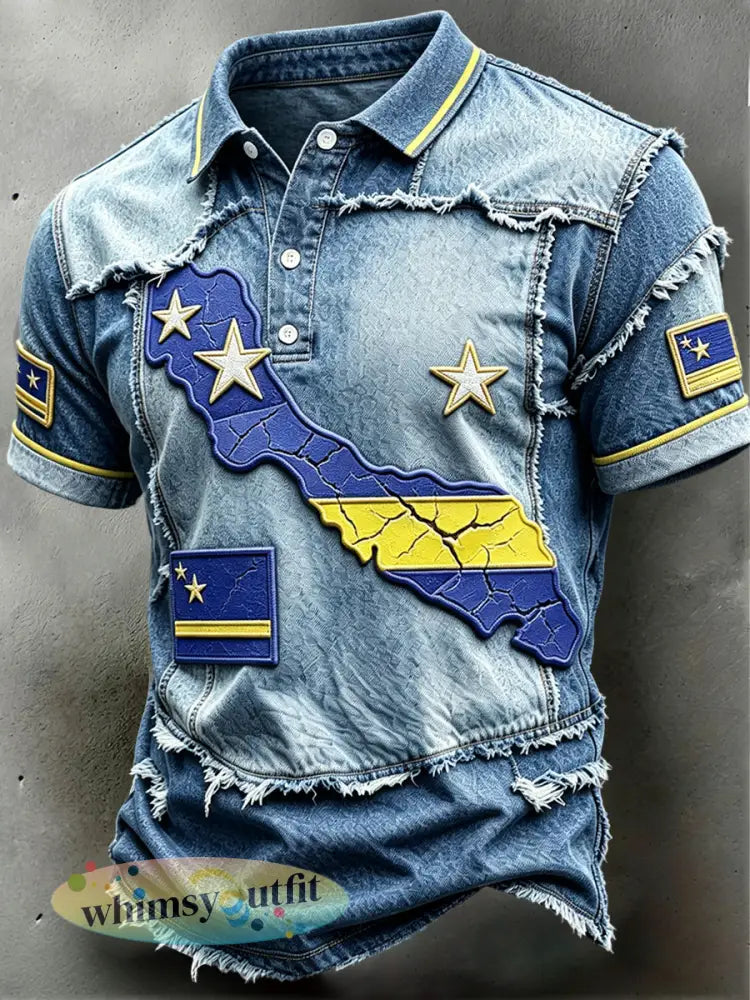 Casual poloshirt voor heren met patchworkprint van Kaapverdië - Blauw / S