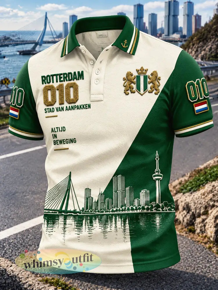 Casual poloshirt voor heren met Rotterdam-stadspatroon - Romig-Wit / S