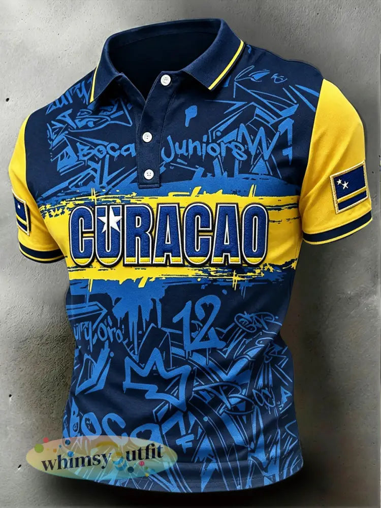 Casual poloshirt voor heren met voetbal- en patchworkprint van Curaçao - Blauw / S