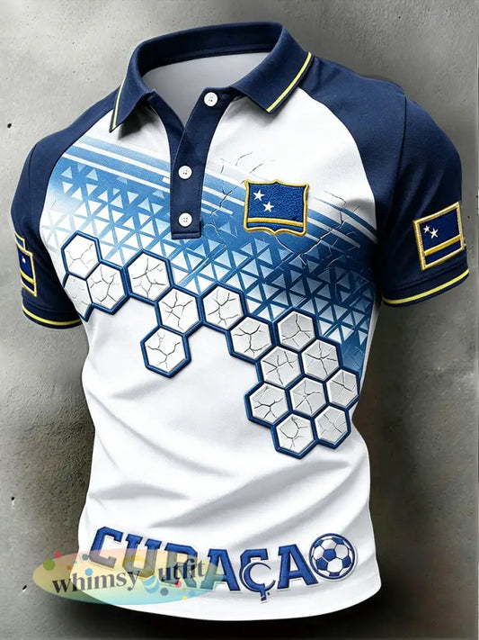 Casual poloshirt voor heren met voetbalprint van Curaçao - Wit / S