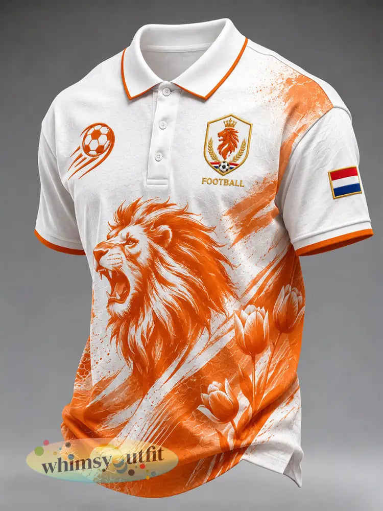 Casual poloshirt voor heren met voetbalthema en leeuwenprint korte mouwen - A / S
