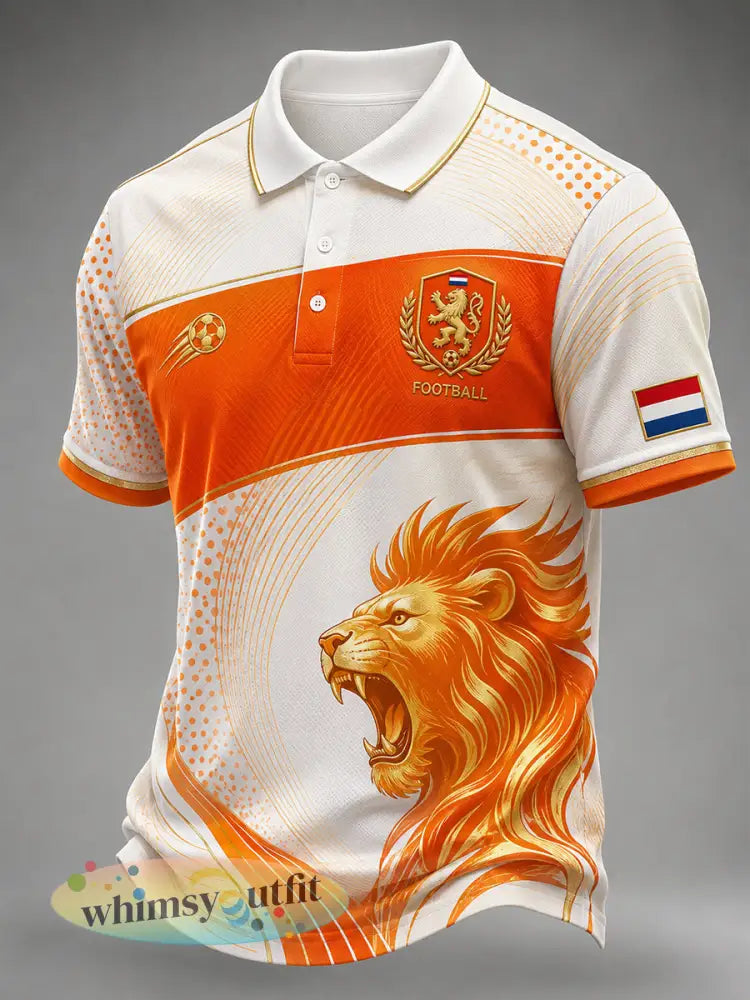 Casual poloshirt voor heren met voetbalthema en leeuwenprint korte mouwen - A / S