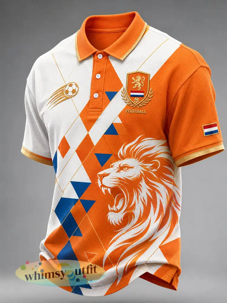 Casual poloshirt voor heren met voetbalthema en leeuwenprint korte mouwen - A / S
