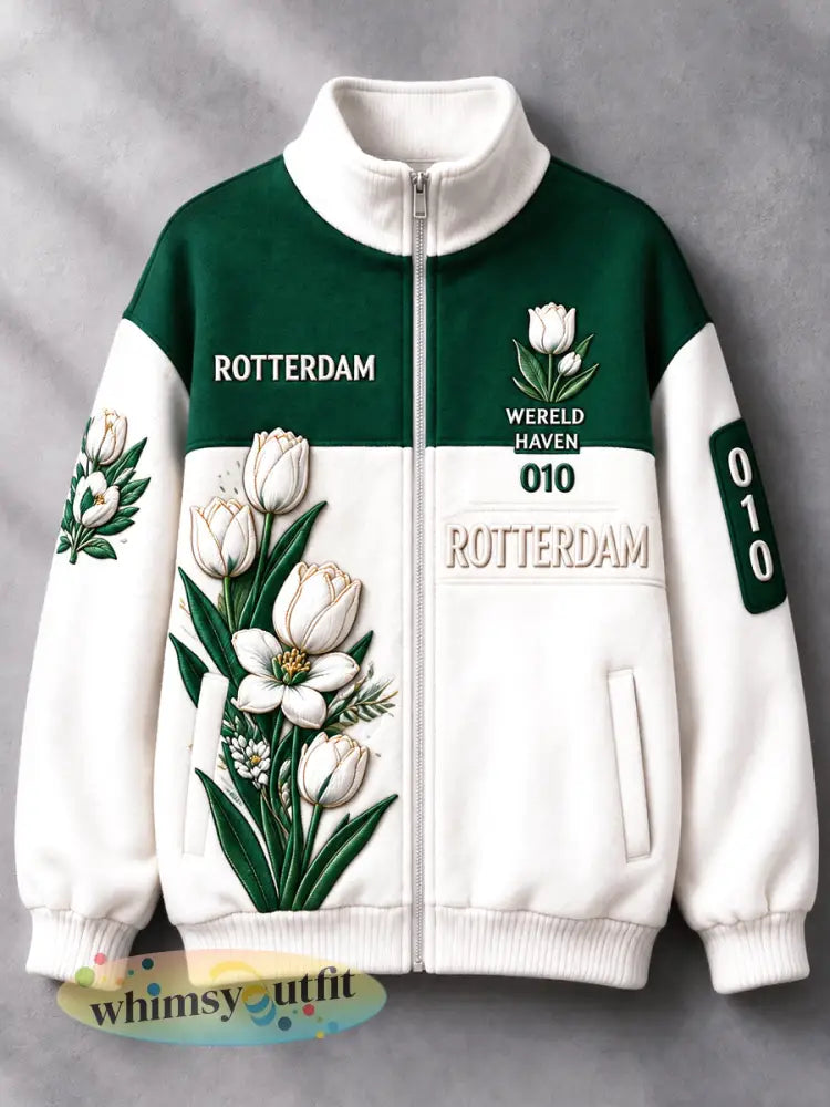 Casual ritsjack voor dames met Rotterdam-tulpenprint - Romig-Wit / S