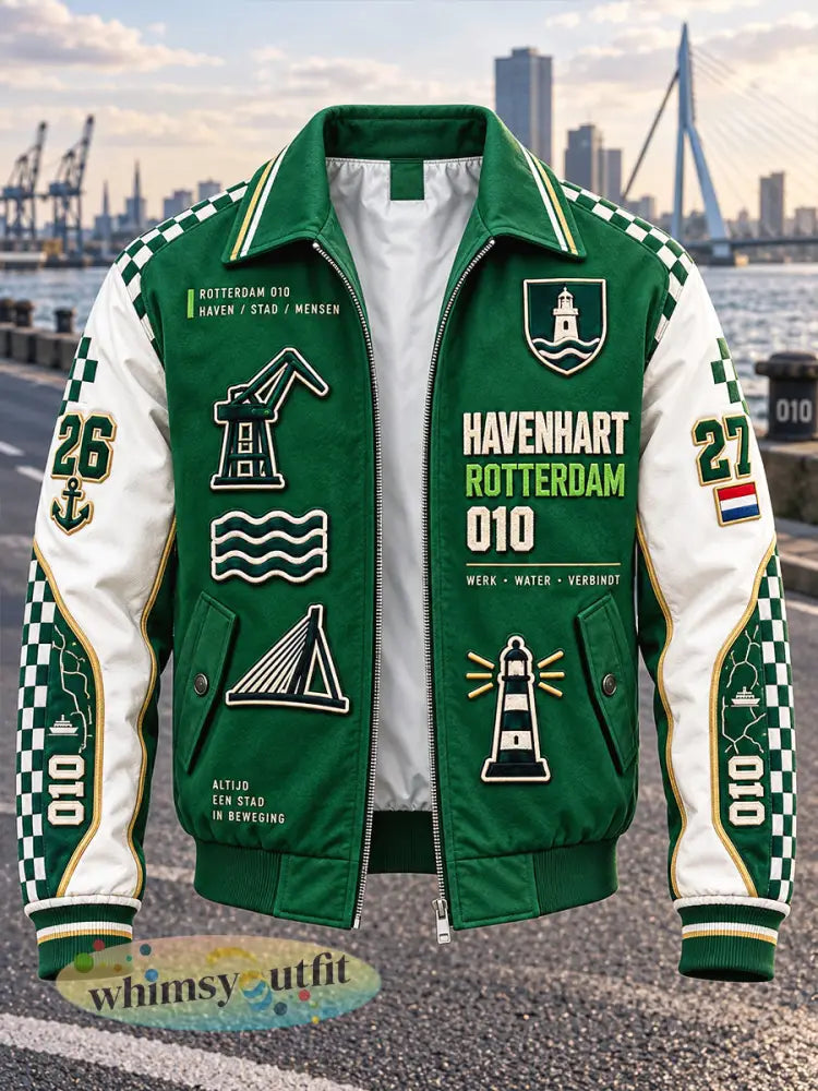 Casual ritsjack voor heren met Rotterdam-stadspatroon - Groen / S