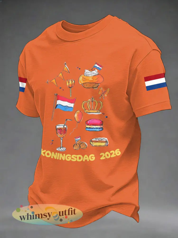 Casual T-shirt met Koningsdag-print voor heren - Oranje / S