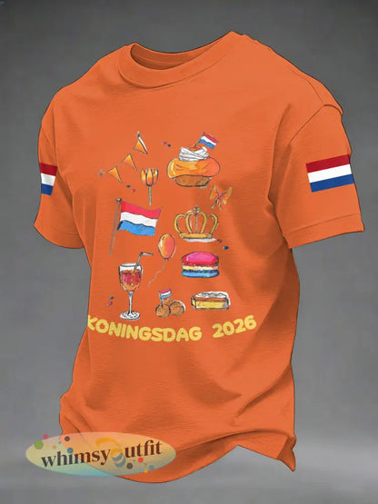 Casual T-shirt met Koningsdag-print voor heren - Oranje / S