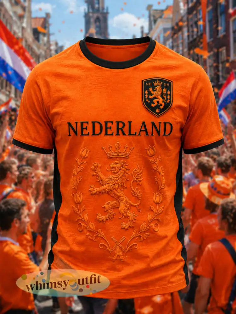 Casual T-shirt met Nederlandse print voor heren - Sinaasappel / S