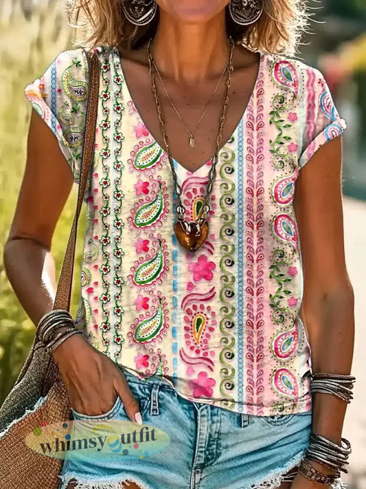 Casual T-shirt met V-hals voor dames met bloemenprint - als foto / S