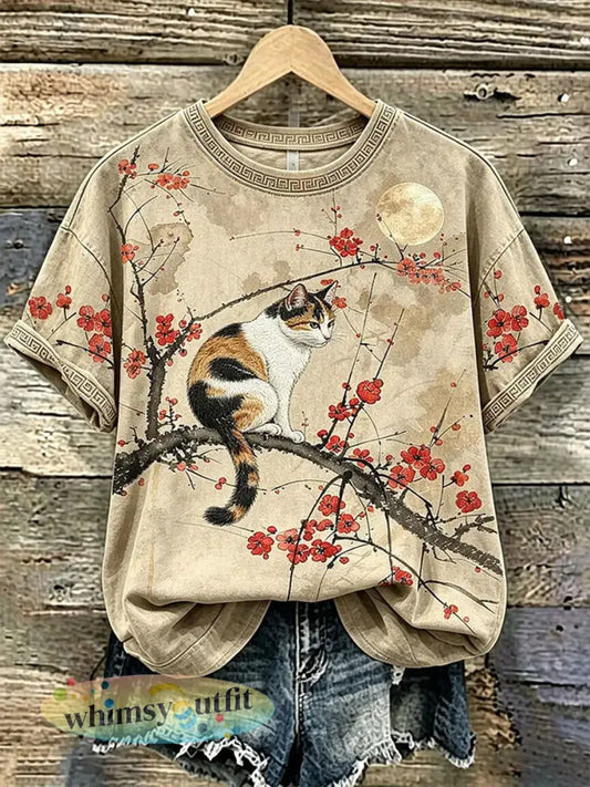Casual T-shirt voor dames met Kat-en Dierenborduurwerk & Print - als foto / S