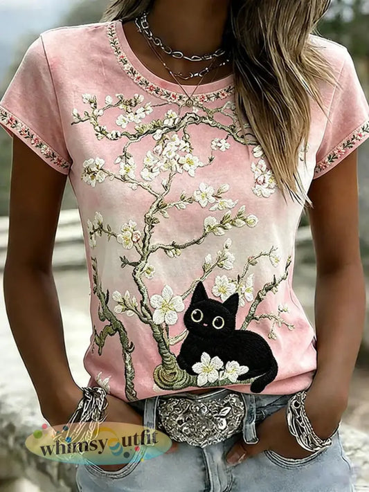 Casual T-shirt voor dames met kattenprint - Roze / S