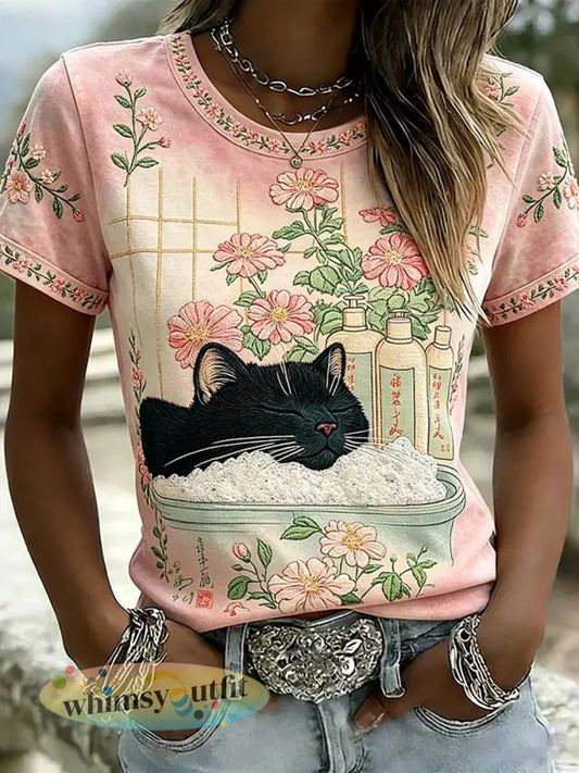 Casual T-shirt voor dames met kattenprint - Roze / S